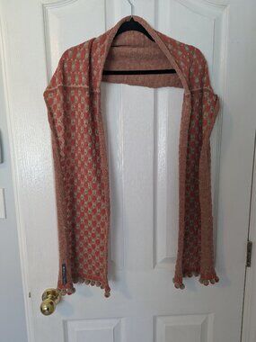 SOS Knit Pom-Pom Scarf | Orange & Taupe Geometric Pattern | Made in Peru